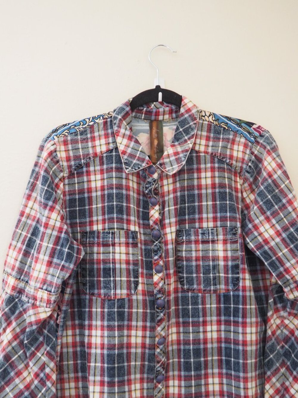 Aratta Silent Journey Button Up Long Bell Sleeve Floral Plaid Top sz L - Picture 5 of 10